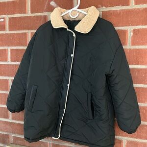 Black Quilted Jacket with Tan Sherpa Collar